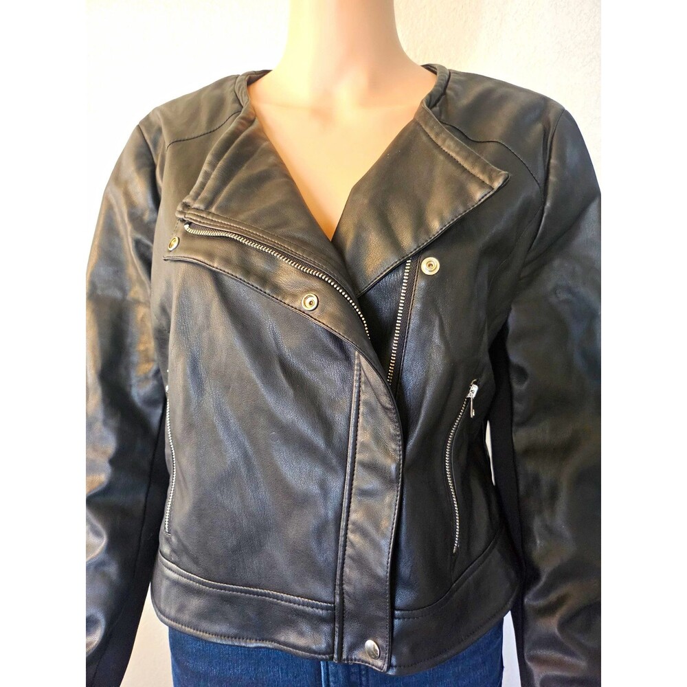 ZARA TRF Collection Women's Black Biker Jacket Asym Zip Snap Pockets Size XL